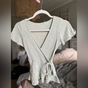 Green and White Striped V-neck blouses